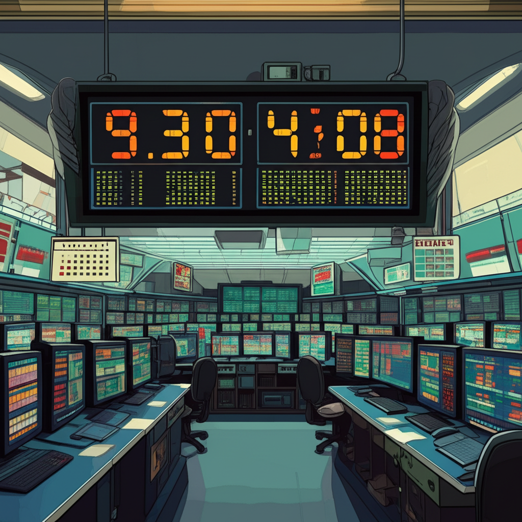 繁忙的香港股市交易大廳插圖,大型數位時鐘顯示如上午9:30和下午4:00的具體交易時間,曆表標註與台灣無時差