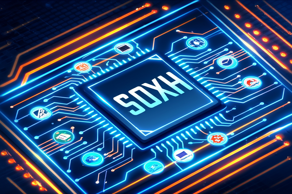 費城半導體指數 SOX 數字電路板與全球科技產業概念插圖