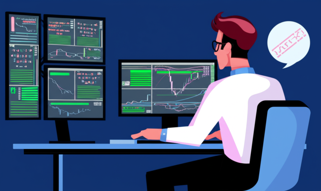 專注交易者坐在多螢幕桌前快速決策,展現日內交易所需高度集中力的插圖