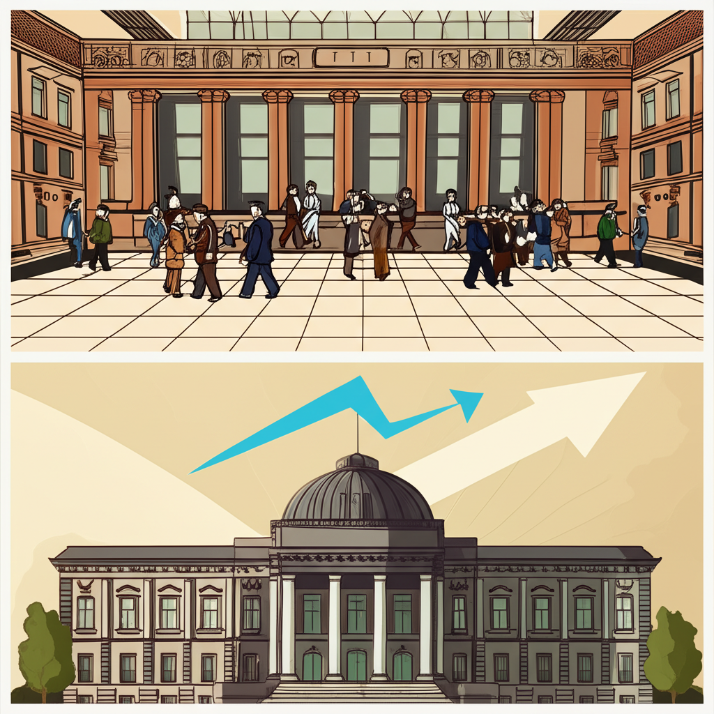 東京證交所1878年成立與1949年重開的歷史場景插圖，伴隨經濟成長圖表