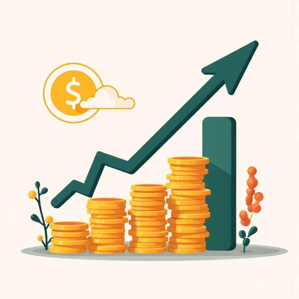 財務成長圖表與堆疊金幣的平面像素藝術插圖，明亮樂觀色調