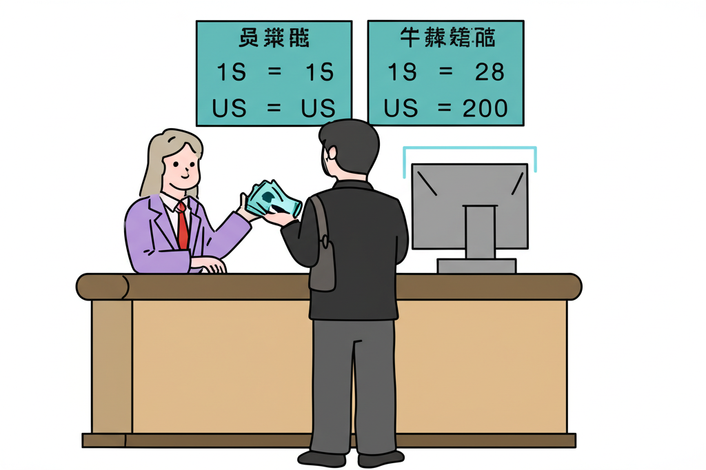 顧客在銀行櫃檯兌換台幣為美元的插圖,突出買賣兩種不同價格,顯示客戶成本與銀行利潤