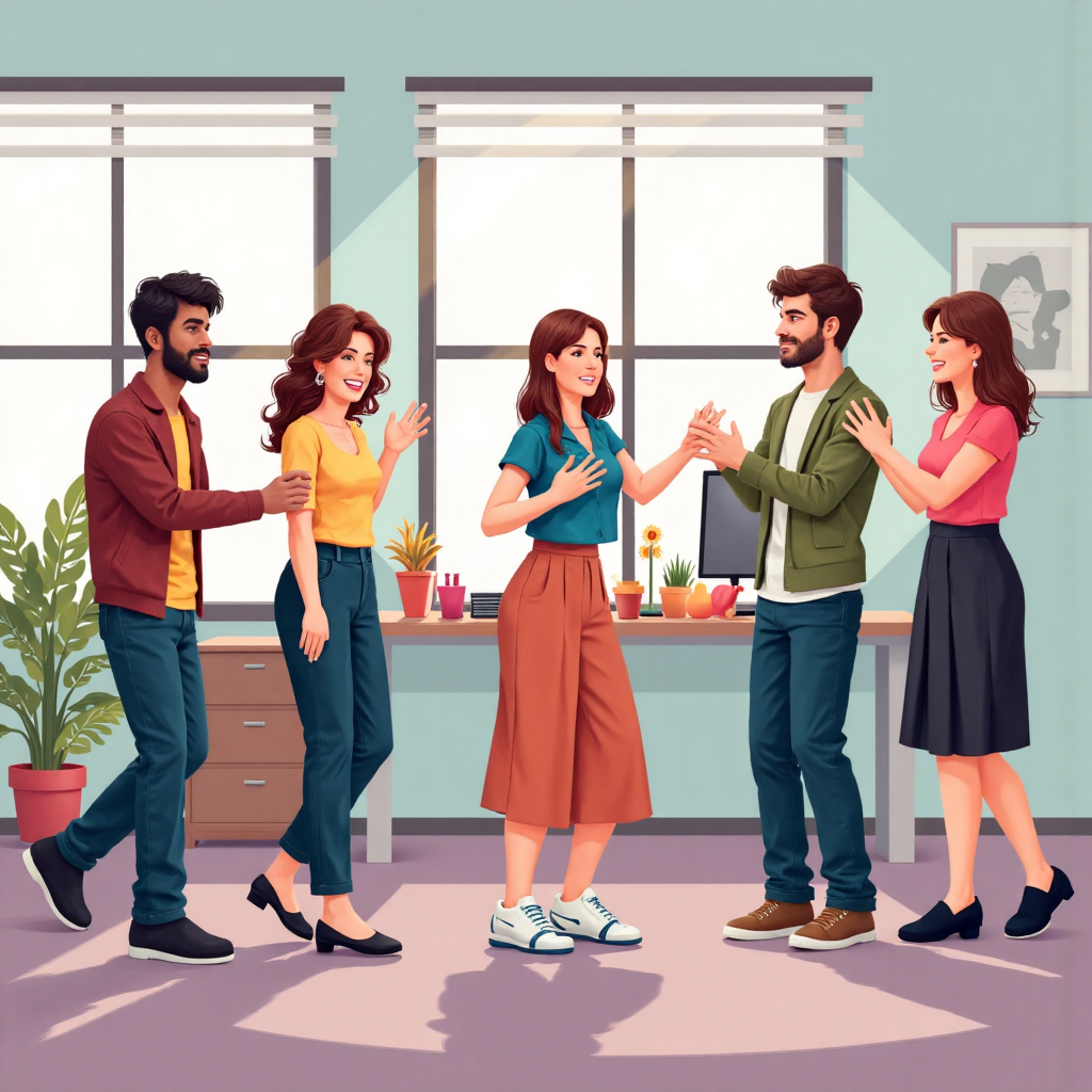 辦公室中人們參與站起活動的像素藝術插圖