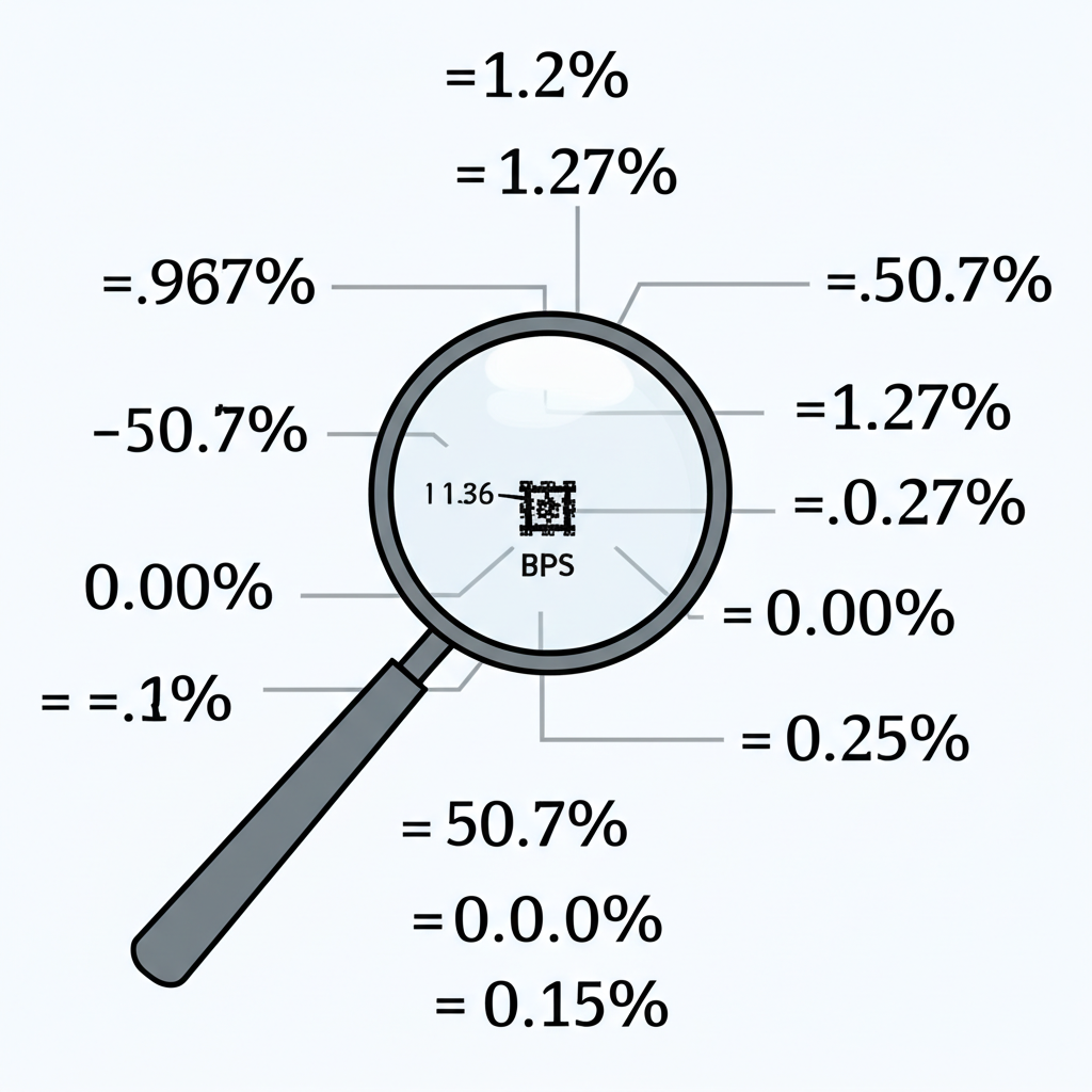 放大鏡聚焦基點單位周圍的百分比和小數,象徵金融測量的精準性
