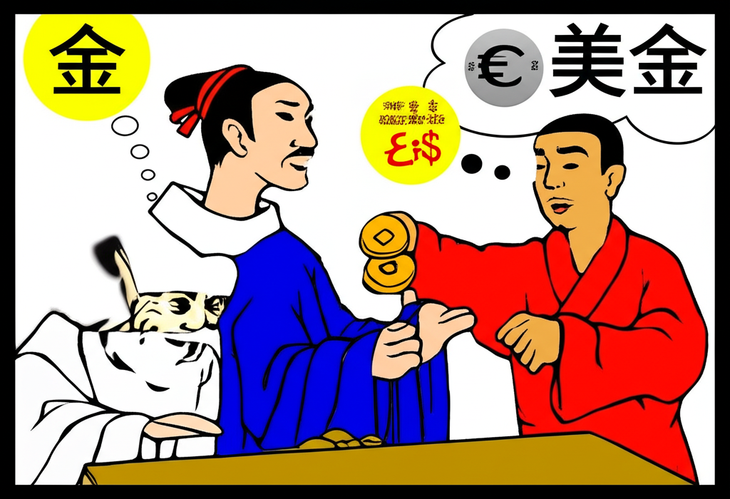 古代中國人交換貨物，使用早期貨幣形式，思緒泡泡顯示金字出現在外國貨幣如英鎊和法郎旁邊，引向美金的形成