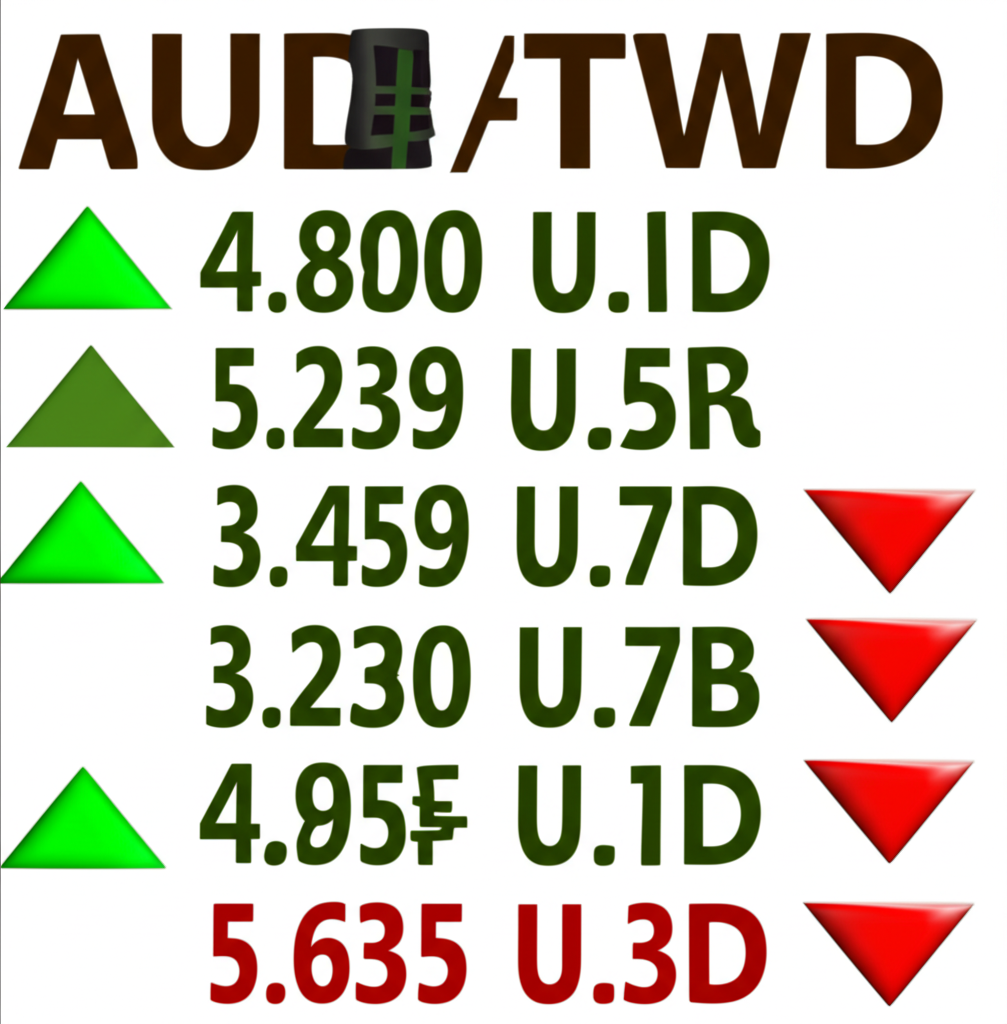 數位顯示即時澳幣兌台幣匯率波動的插圖,箭頭標示上下運動,代表市場供需影響