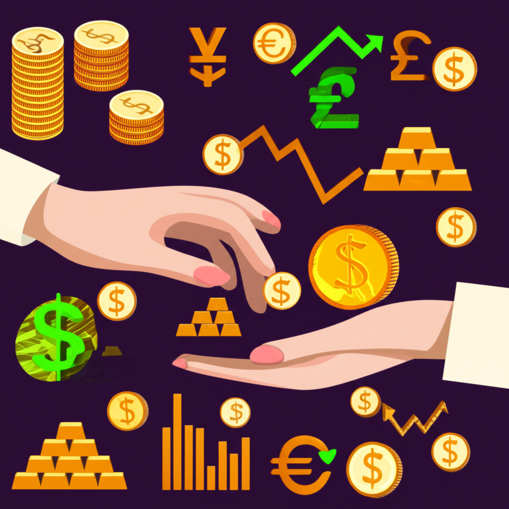 廣闊金融市場插圖,展示股票、外匯、基金和黃金等資產圖標,以及兩手交換硬幣象徵買賣概念