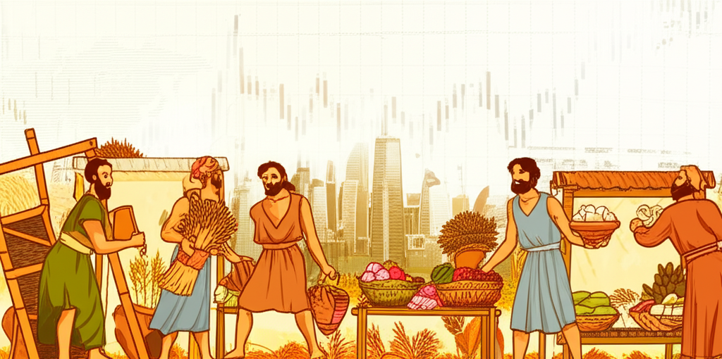 古代農民與商人交易作物的插圖,背景現代城市天際線與金融圖表,象徵期貨市場的演進