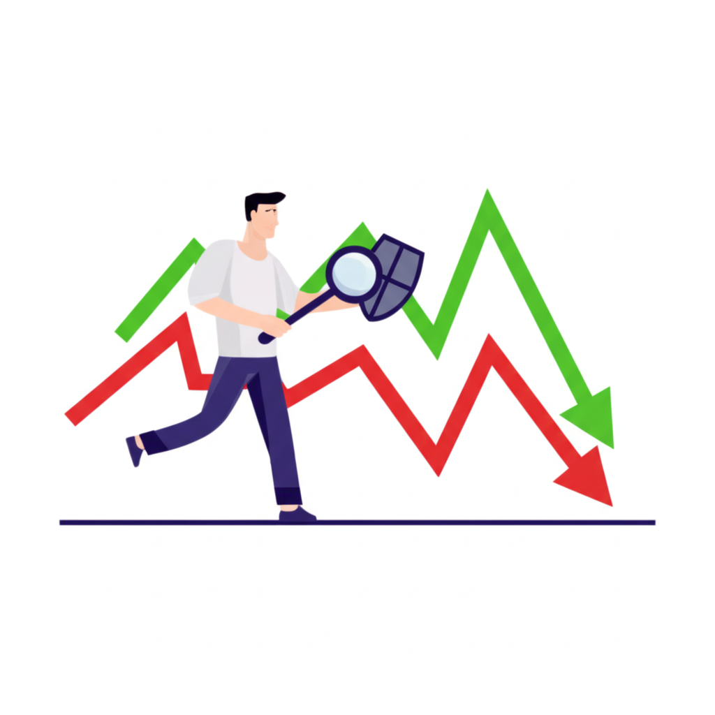 投資人自信操作財務圖表,顯示上漲與下跌趨勢,手持盾牌代表避險,放大鏡代表投機,象徵槓桿與風險