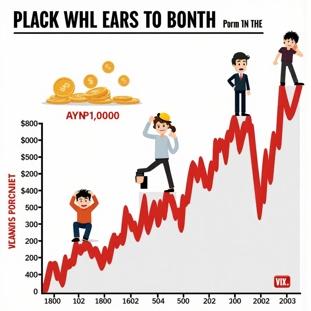 VIX指數劇烈波動的風格化圖表旁邊是相對平穩的標普500圖表，伴隨經濟不確定圖示如掉落的硬幣和緊張人物