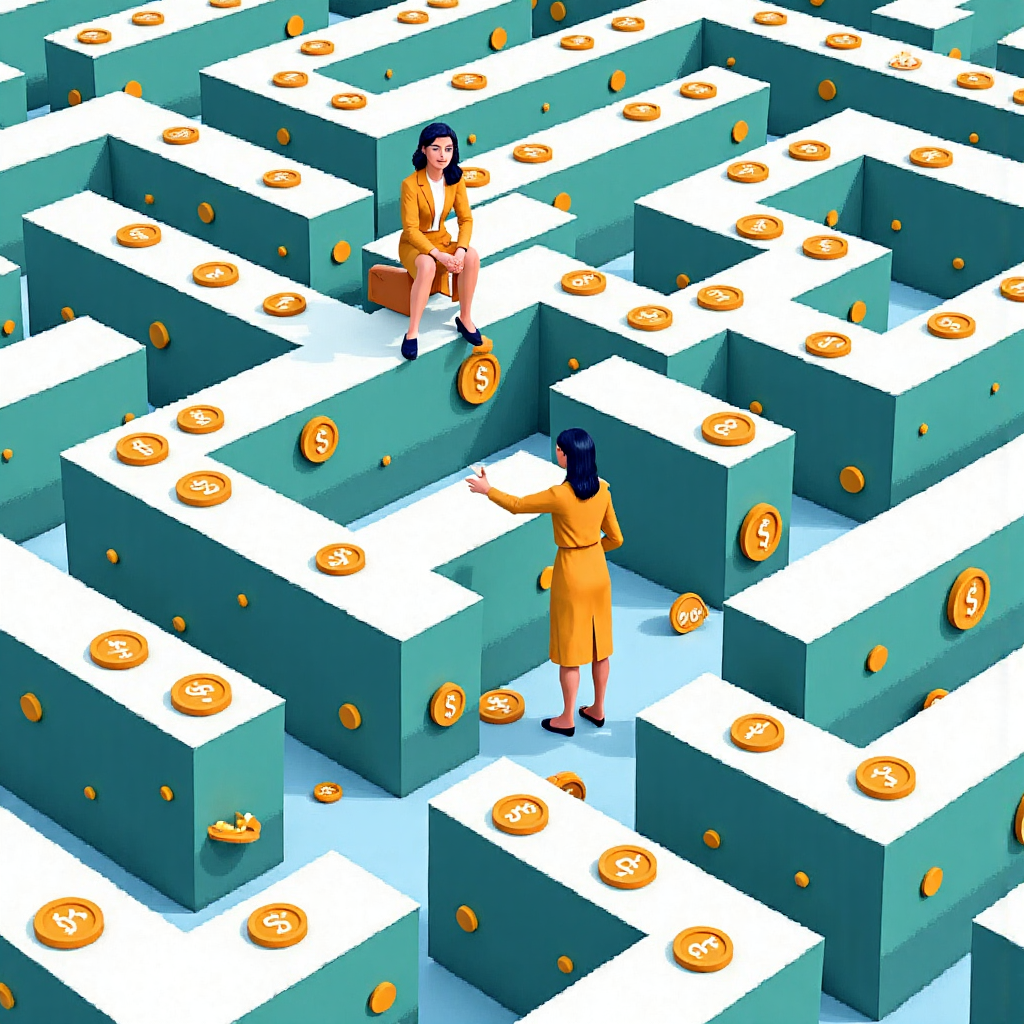 像素藝術風格,人類在財務迷宮中策略放置現金幣克服債務和意外開支,代表智慧財務規劃