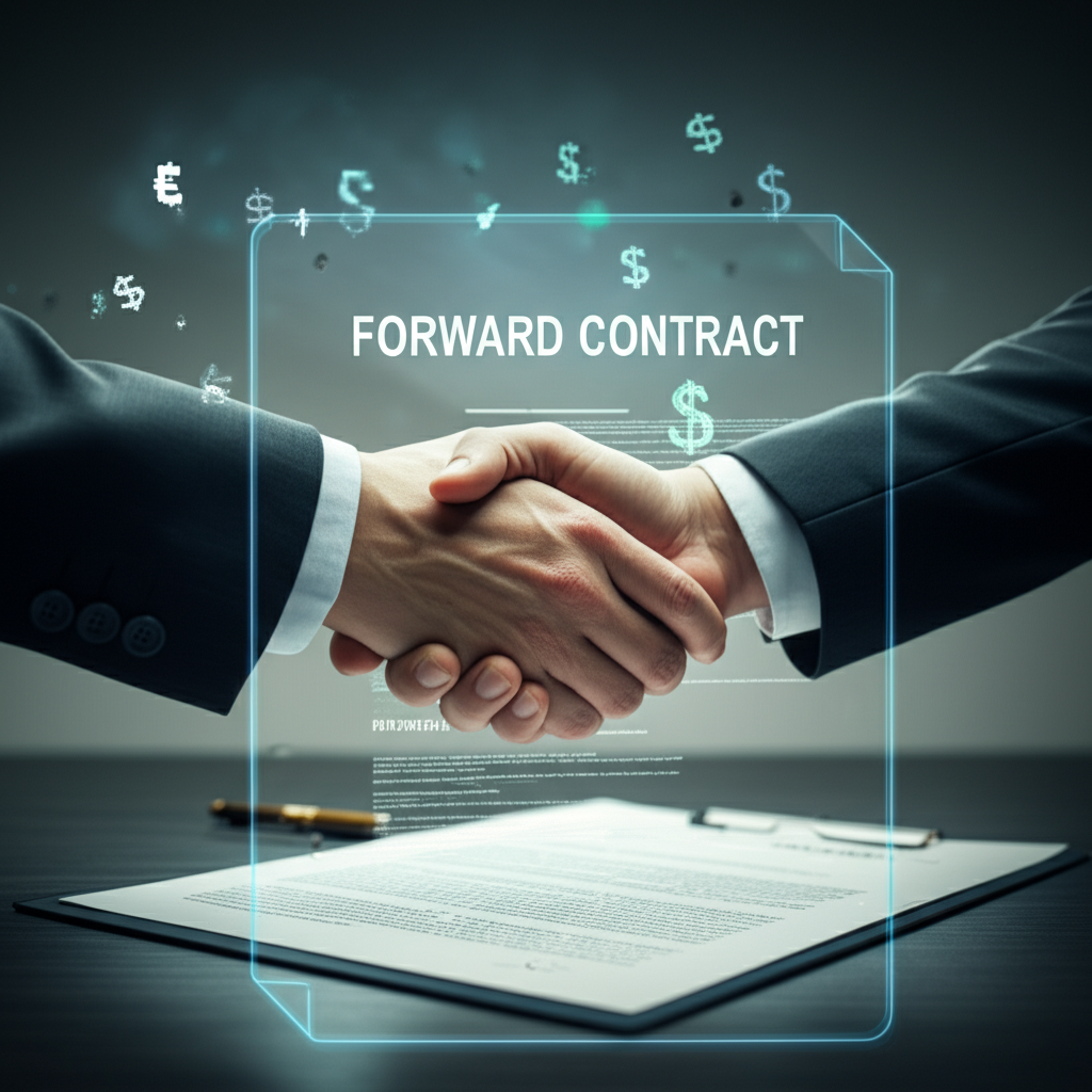 兩人握手簽訂透明金融合約的插圖,浮現未來日期與價格,象徵標準化遠期協議