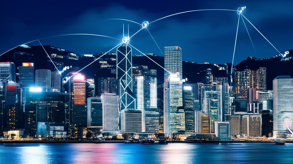 香港金融大樓夜景與全球市場連接的插圖