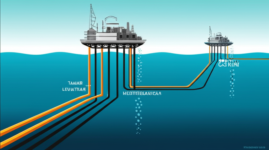 地中海天然氣田:海底管道連通離岸平台,氣泡上升與出口路線地圖