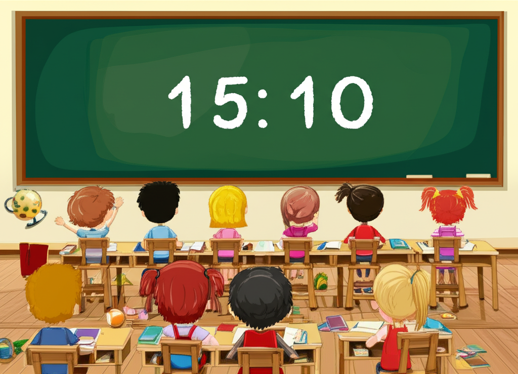 教室裡有15個男孩和10個女孩,黑板上顯示15:10,代表兩個數量的比率比較的清晰插圖