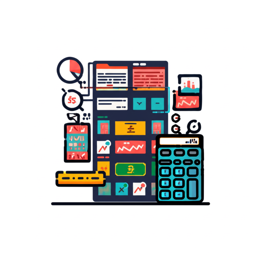 全面匯率指南插圖,包含財務圖表、圖形與計算器,代表即時報價、歷史趨勢與未來展望