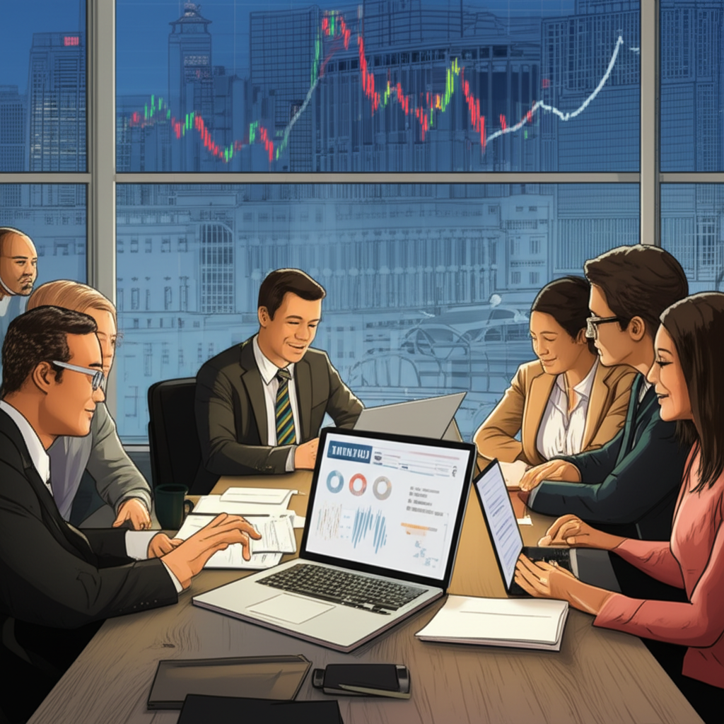 多元投資者使用筆電和圖表在現代金融環境中,背景隱約顯示恆生指數走勢圖,呈現全球金融樞紐的插圖風格