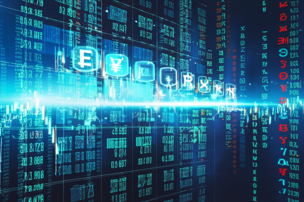 繁忙的數位外匯市場介面，包含圖表、圖形和貨幣符號，顯示十大交易量最大貨幣的即時交易量和快速資料流插圖