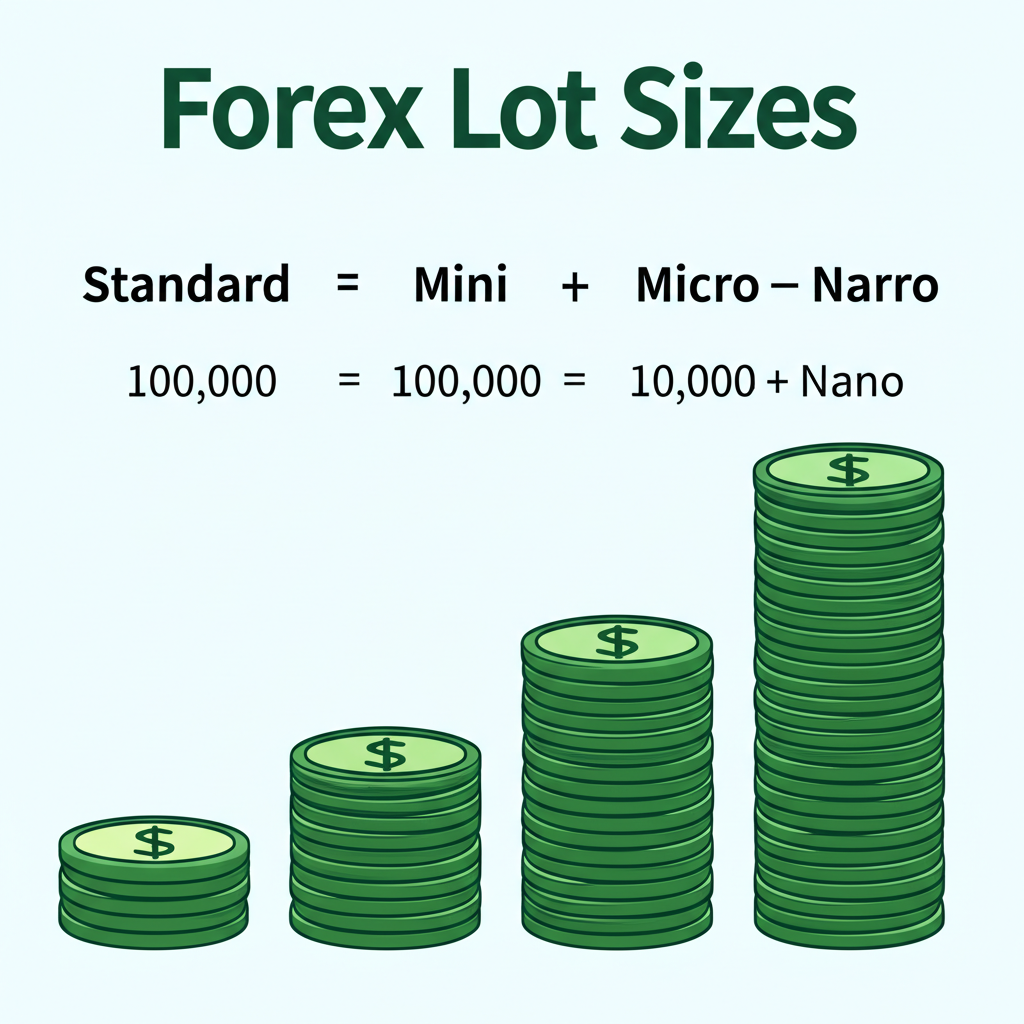 An illustration showcasing different forex lot sizes standard mini micro and nano lots with varying amounts of currency stacks and a clear conversion table for scale