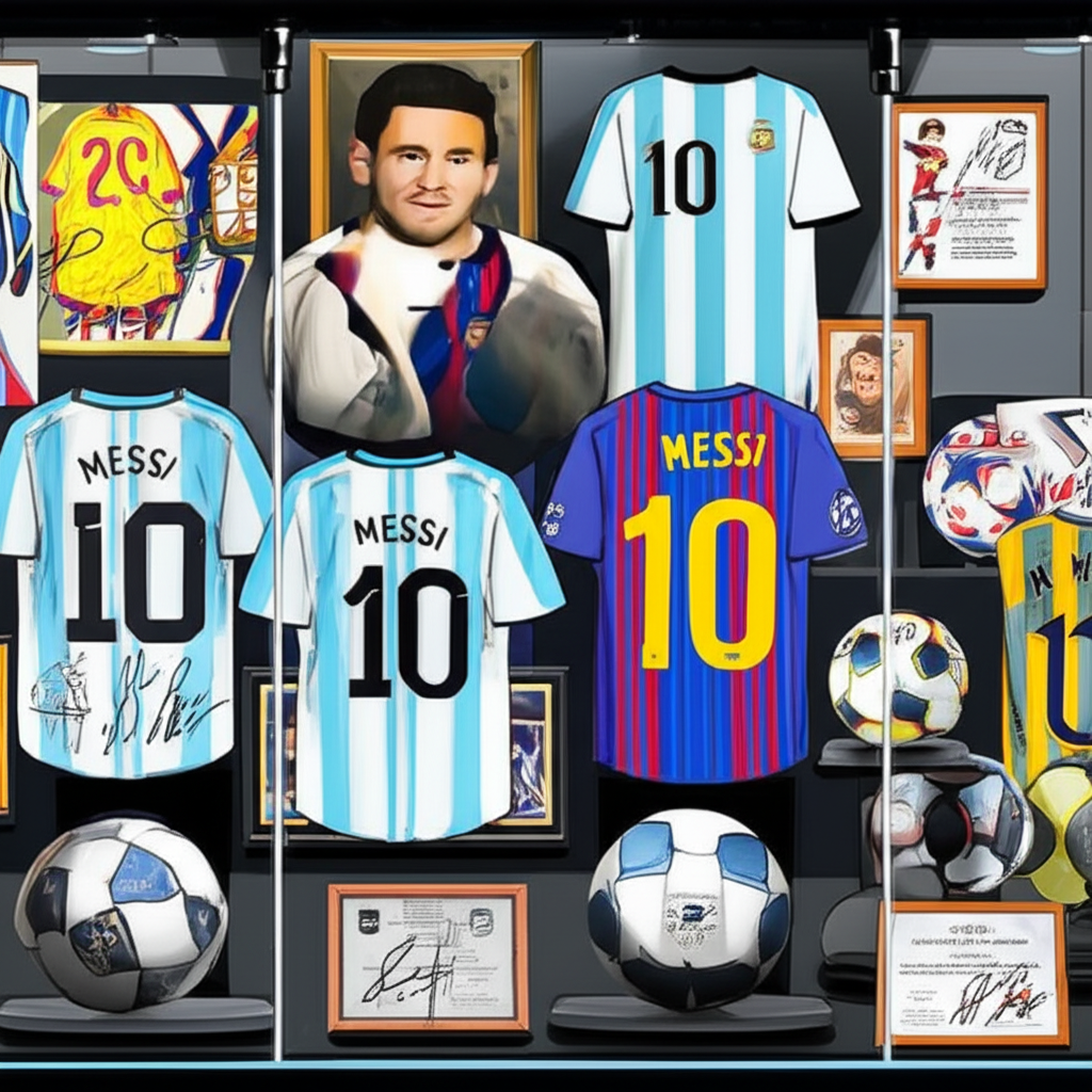 各種梅西簽名紀念品如球衣、足球和卡片，在安全展覽空間展示，旁邊有官方認證證書的精緻詳細藝術風格