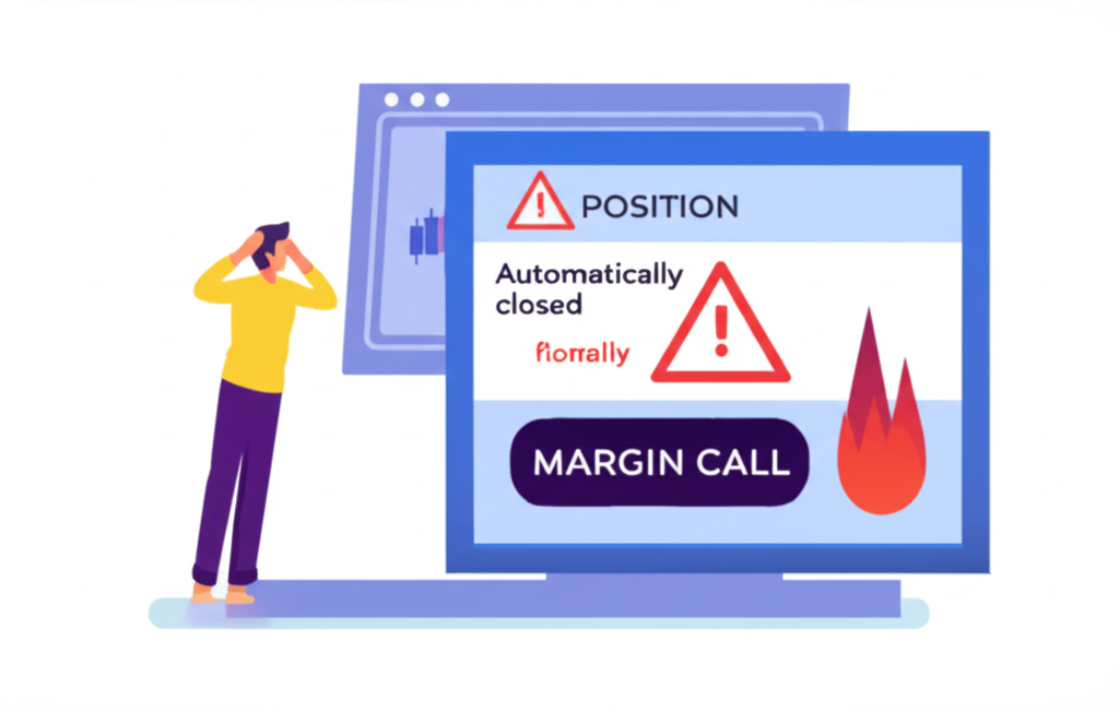 illustration of a digital trading platform screen showing a position being automatically closed due to market volatility and margin call with a warning sign and a trader looking distressed