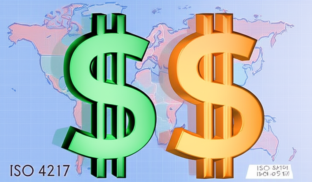 加拿大元CAD符號與全球經濟圖表及ISO 4217標準的示意圖
