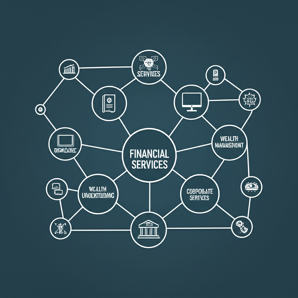 證券業務多元服務插圖，包含經紀、承銷與財富管理圖示，連接成市場生態系統