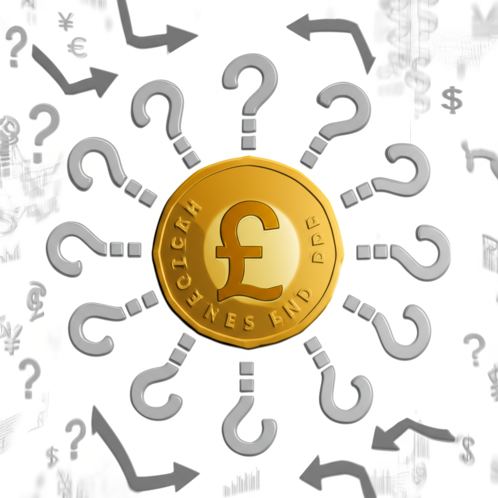 An illustration of a weak British pound coin surrounded by question marks and global market symbols representing confusion and concern