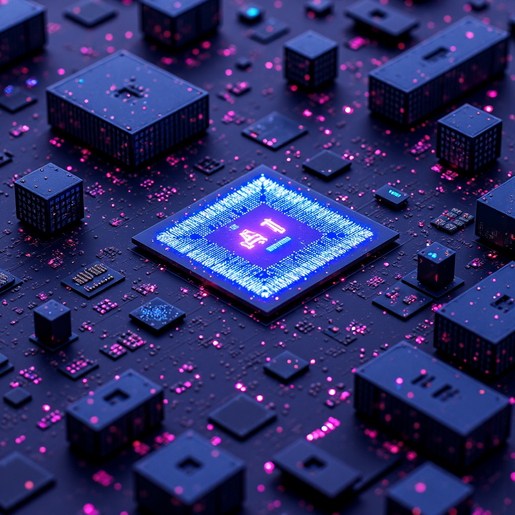 像素藝術風格的GPU晶片圖像，融入AI運算元素與台灣半導體工廠