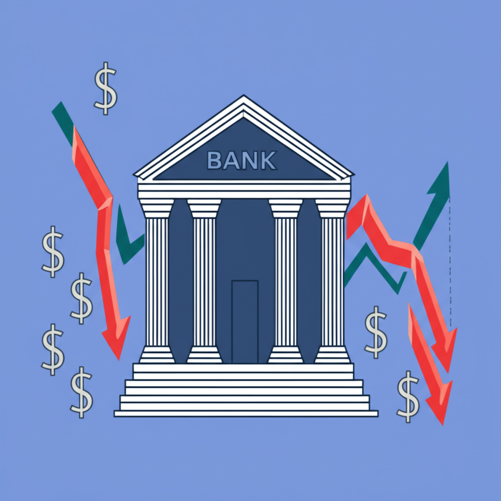 央行建築旁邊利率符號升降，伴隨經濟循環圖表的插圖