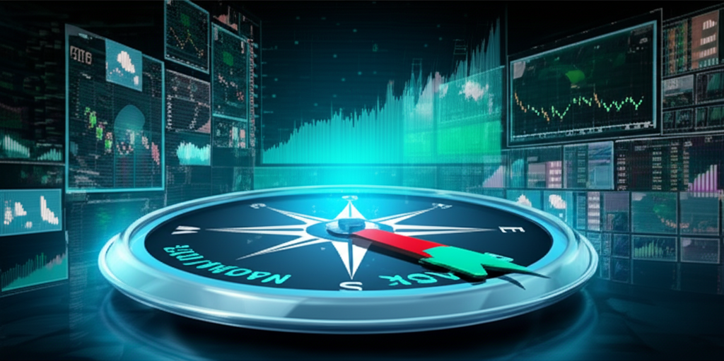 生動的數位股票市場插圖,顯示大型指南針指向科技與成長股,象徵納斯達克指數作為全球科技風向標,以及螢幕上交易的數位公司