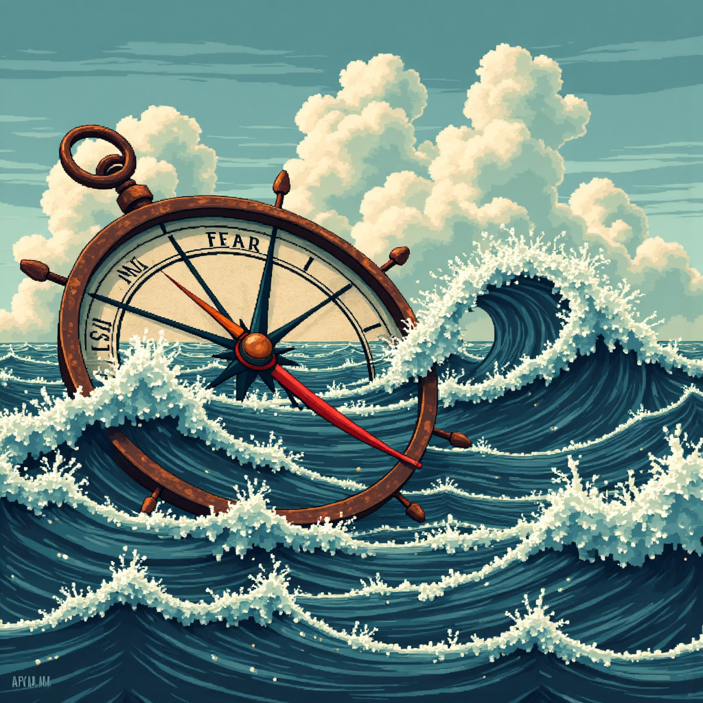 像素藝術風格的指南針指向恐懼，在風暴般的股市海域中伴隨著烏雲和大浪