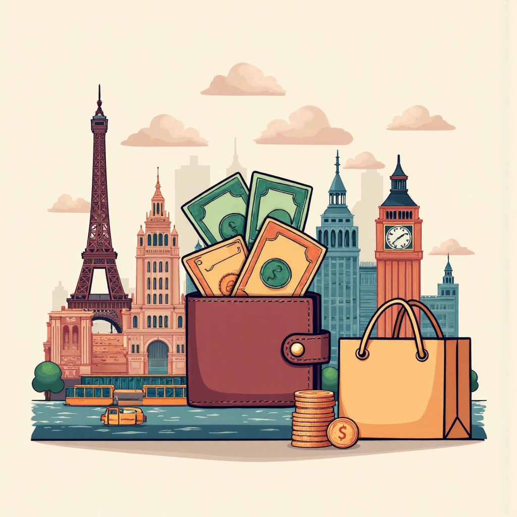錢包打開露出不同貨幣鈔票和硬幣，周圍環繞地標和購物袋的旅行場景插圖，柔和粉彩調像素藝術