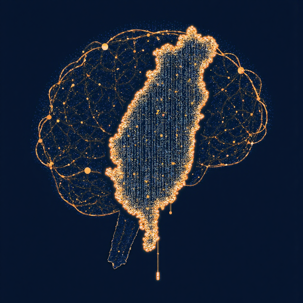 AI大腦圖像，融合台灣輪廓與數字神經元，象徵全球AI角色