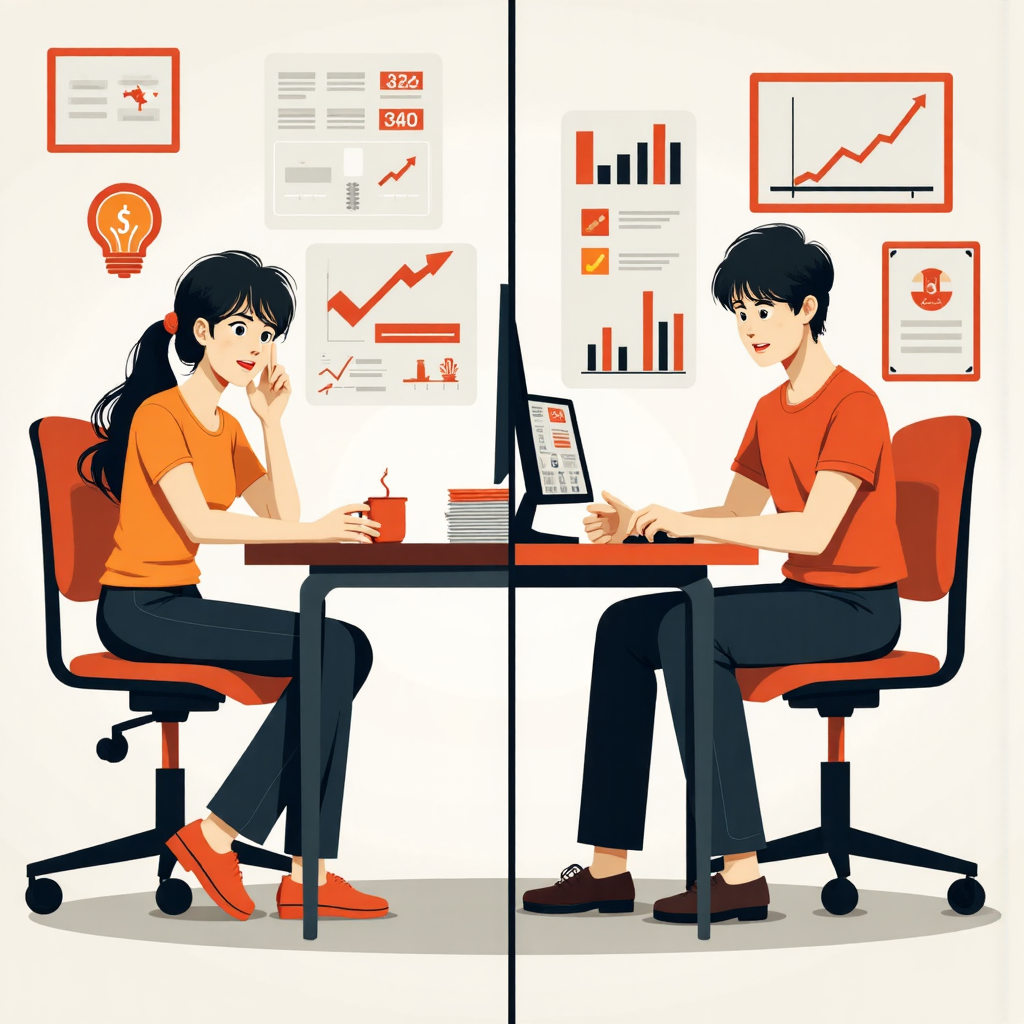 分裂場景插圖，一側顯示擔憂的台灣人面對上漲價格與波動股市圖表，另一側描繪自信人士做出明智財務決策，伴隨向上箭頭象徵成長與穩定，現代像素藝術風格