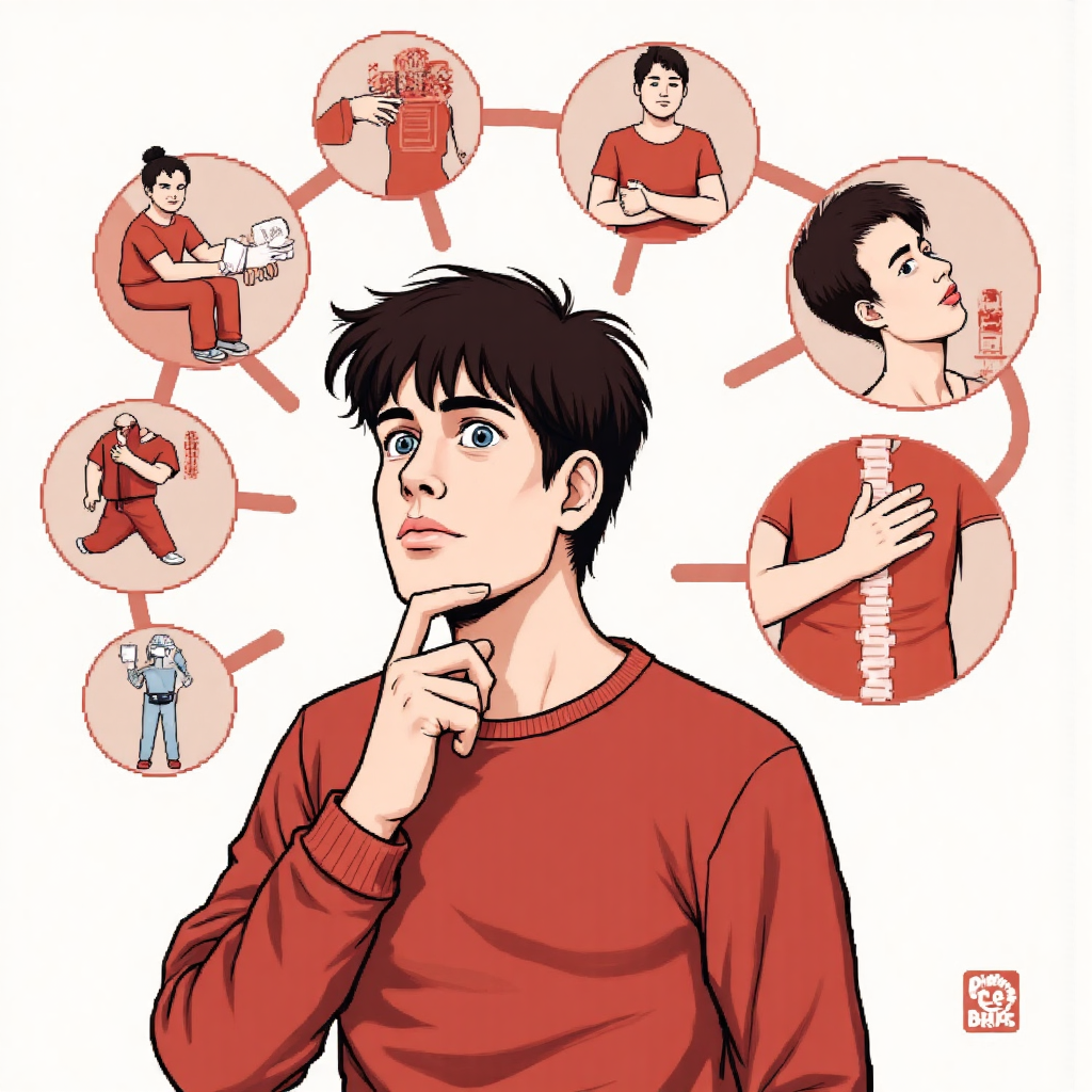 人被心血管疾病、代謝症候群和肌肉骨骼疼痛圖標包圍的危險警示插圖