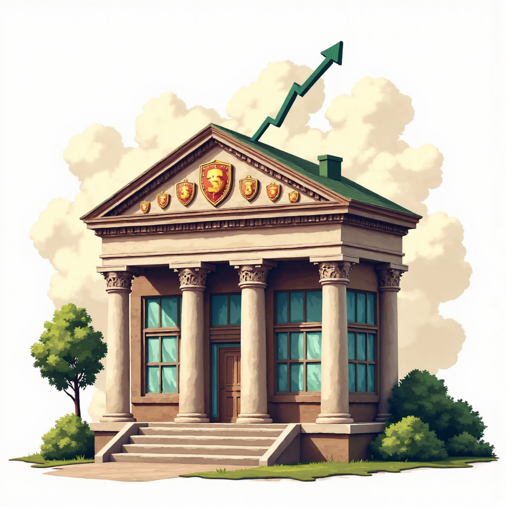 健康銀行建築物以財務盾牌強化並上升圖表代表穩定與資本化