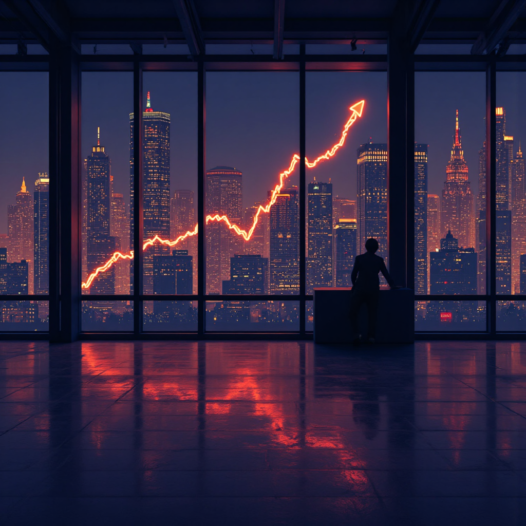股票市場交易地板圖像，顯示上漲趨勢的圖表與溫暖光芒