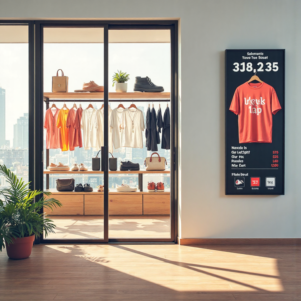 台灣電商服飾店貨架與銷售數據顯示的像素藝術插圖，柔和陽光氛圍