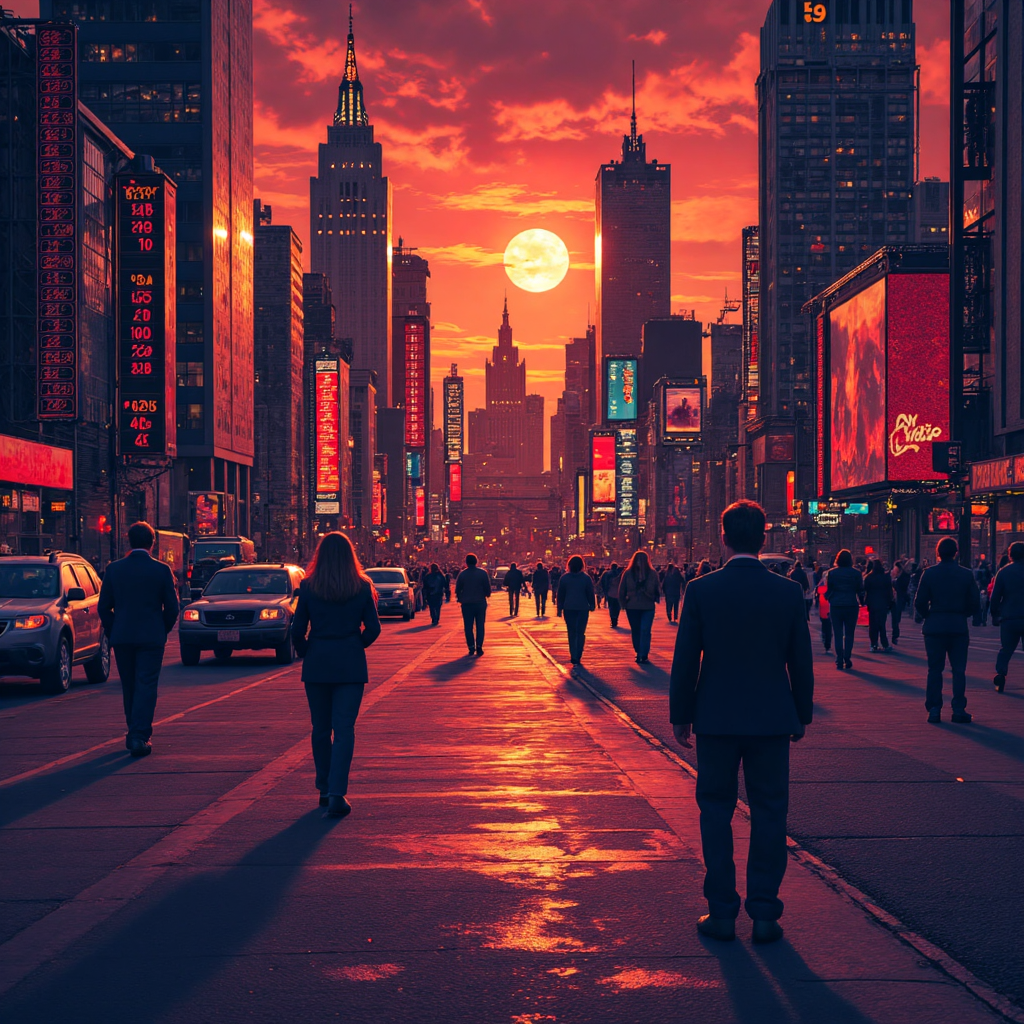 股票市場尾盤激烈交易時刻的動態價格波動圖像，溫暖色調顯示投資者活動