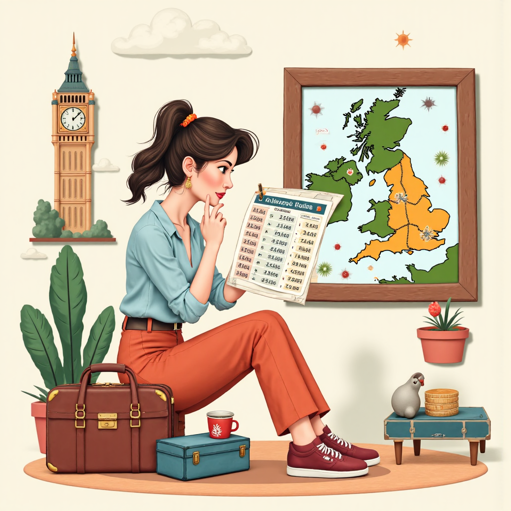 旅行者比較英國地圖與匯率指南的像素藝術插圖，象徵國際金融規劃