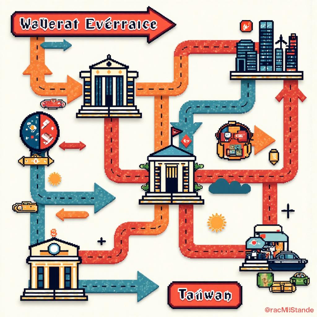 全球經濟流程圖，連接美國聯準會與台灣股市和匯率，顯示通貨膨脹與利率圖標的動感像素藝術