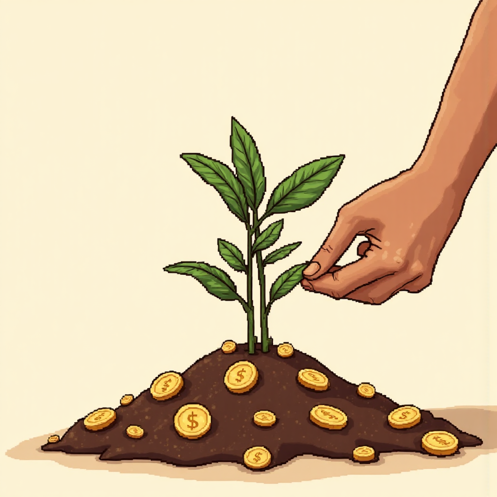 象徵經濟成長的強壯手推動植物生長，周圍散落金幣的像素藝術插圖