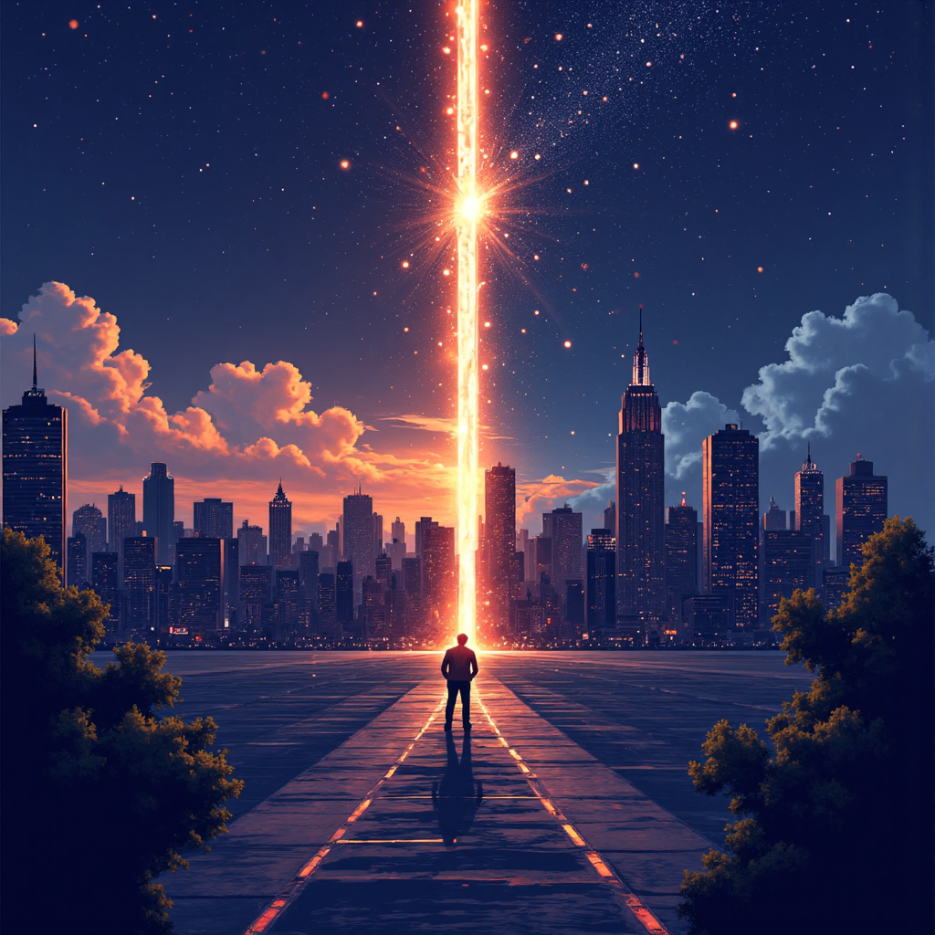 夜盤與日盤過渡的股市圖像，展示日夜轉換中的金融圖表與星空元素