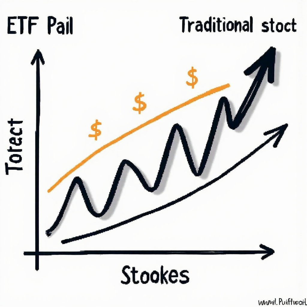 ETF圖表與傳統股票圖表並列，顯示股息流向和投資成長箭頭的像素藝術插圖
