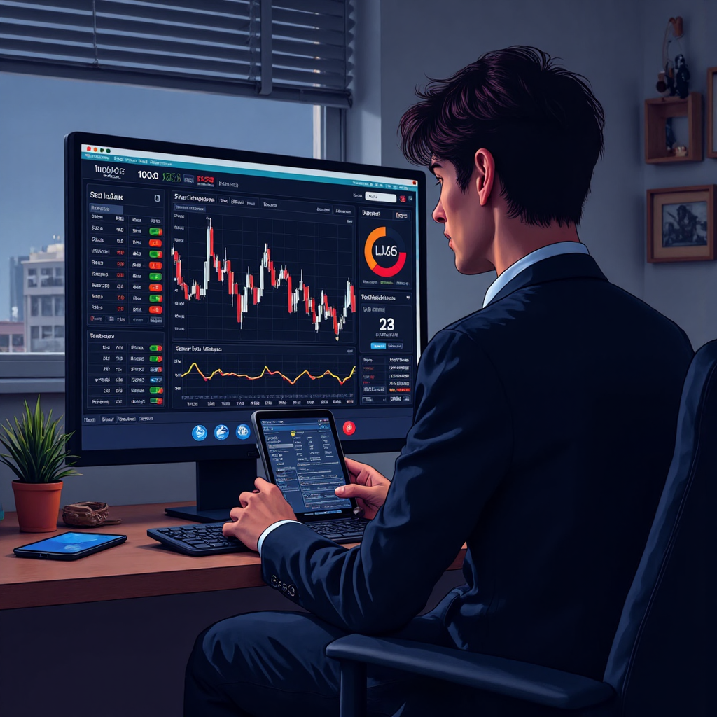 投資人專注觀察平板上的即時國際股市介面，在昏暗房間中展現警覺與決策