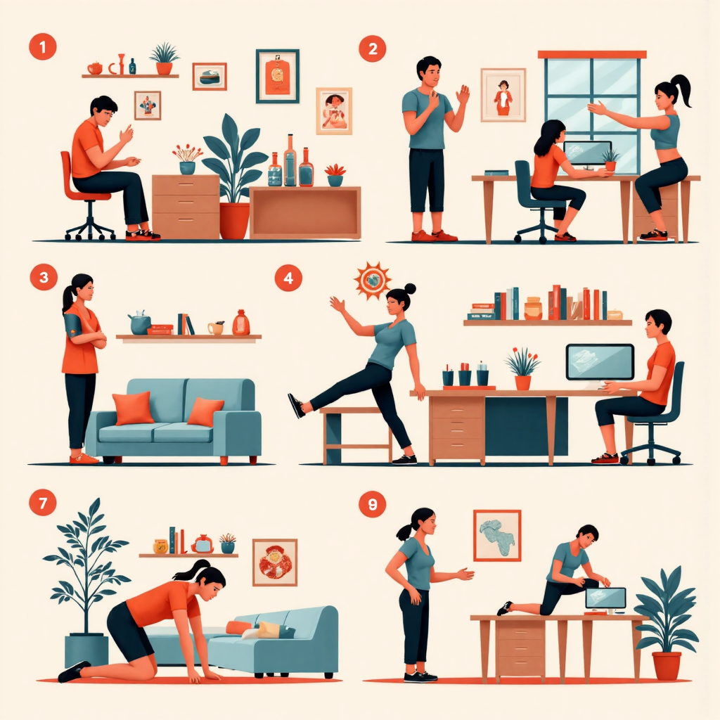 在家和辦公室進行伸展和簡單運動如深蹲和弓箭步的人的活力插圖