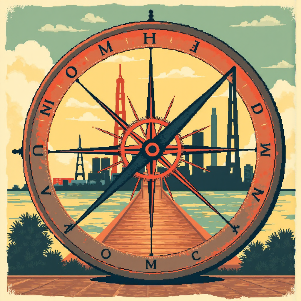 指南針中心為工廠齒輪,指向上升經濟趨勢線,像復古旅行海報,充滿樂觀色調的像素藝術