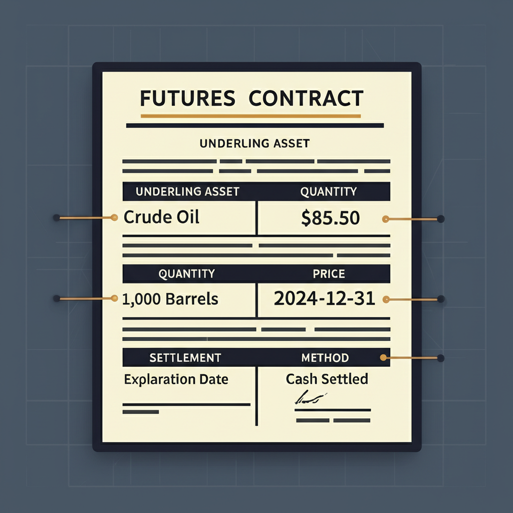 樣式化期貨合約插圖,分成五個標記區塊:標的物、數量、價格、到期日與交割方式,如金融藍圖