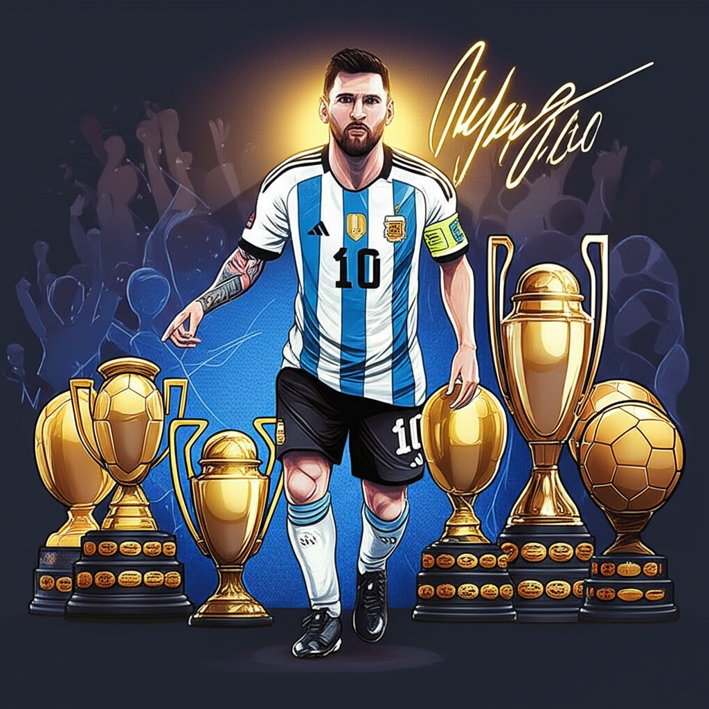 梅西作為傳奇足球明星的插圖，周圍環繞閃耀獎盃與球迷崇拜，他的簽名散發歷史意義與高價值